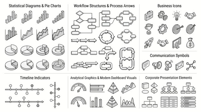 A comprehensive collection of isometric business graphics, statistical diagrams, workflow charts, presentation elements, and analytical icons for data visualization and corporate reports.