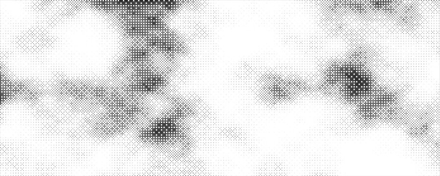 Pixel dithering gradient. Bitmap texture background. Black and white random pixels pattern. Retro glitchy vector art illustration. Monochromatic dissolve effect. 8 bit video game screen wallpaper.
