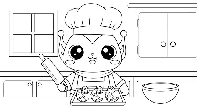 Cute cartoon alien chef holding a rolling pin and baking moon-shaped cookies in a kitchen, coloring page