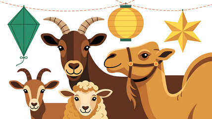 Obraz premium Cartoon animals including camel, goat, sheep, and kite for Islamic festival lamb