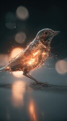 Obraz premium A small bird, seemingly made of stardust and light, stands illuminated against a blurred, bokeh-filled background. ..Created with Generative AI, not depicting real subjects.