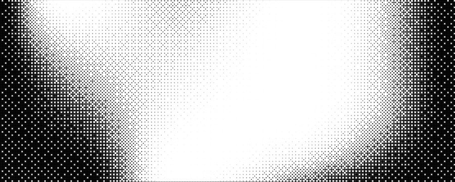 Pixel dithering gradient. Bitmap texture background. Black and white random pixels pattern. Retro glitchy vector art illustration. Monochromatic dissolve effect. 8 bit video game screen wallpaper.
