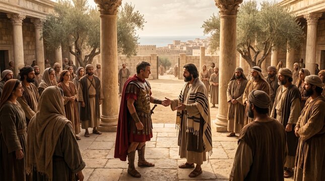 Roman centurion in armor interacting with a Jewish man in a traditional tallit within an ancient stone courtyard surrounded by a crowd.