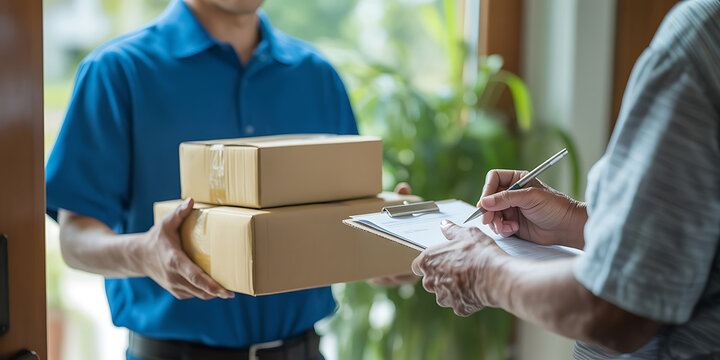 Delivery person handing packages to recipient signing receipt parcel courier