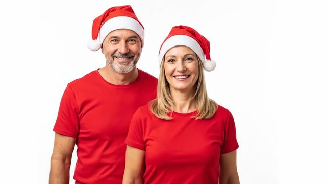 Cheerful couple in holiday hats sharing festive candy canes