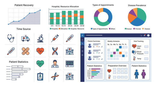 Medical dashboard with patient recovery, resource allocation, appointment types, disease prevalence.