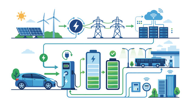 Renewable energy grid infrastructure with solar wind power and electric vehicles.