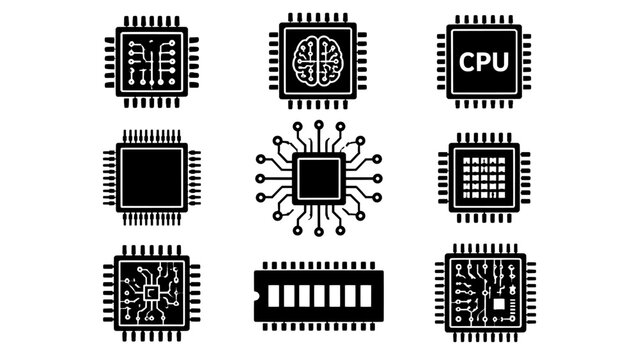 Microchip processor and computer hardware icon set with microchip