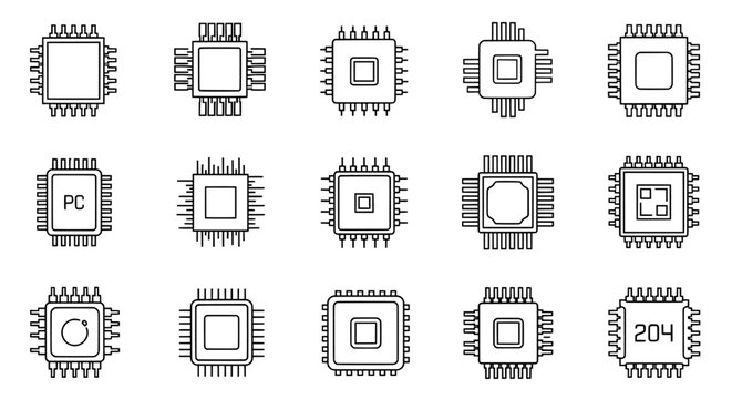 Processor icons set with electronic microchip hardware, processor
