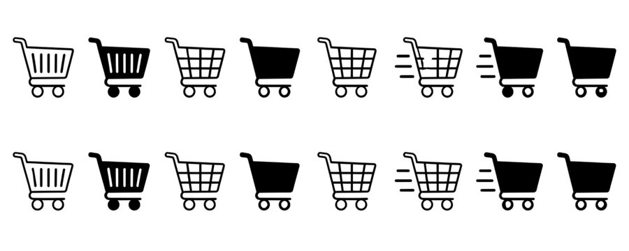 Shopping cart set of linear and solid vector icons with shopping