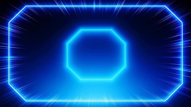 Blue neon polygon frame with radiating lines on dark gradient background