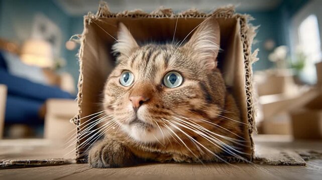 Curious Feline in Cardboard Castle: A tabby cat with striking blue eyes peeks out from within a cardboard box, its gaze fixed on something just beyond the frame.