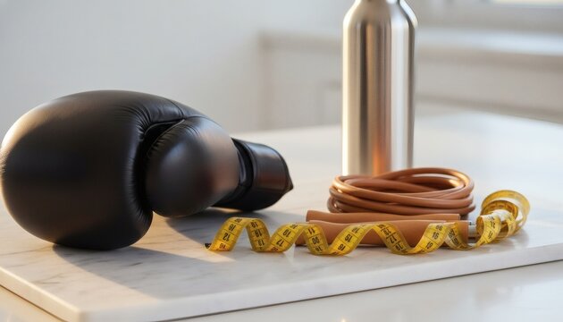 Black boxing glove with yellow measuring tape, jump rope, and water bottle on a marble surface for fitness, healthy diet, and weight loss concept, symbolizing an uppercut workout