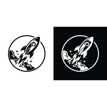 Rocket Launch Logo Icon in Circular Badge Monochrome Vector Illustration