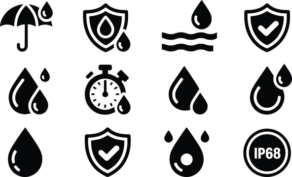Waterproof icons set including protection shield and raindrops for moisture resistance.