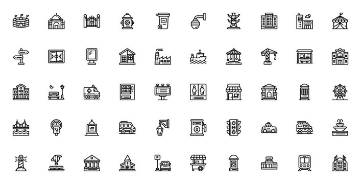 City icon set. Minimalist icons pack. Vector illustration. Urban icon pack. Featuring stadium, mosque, gate, hydrant, bin, CCTV, electric tower, apartment, bus stop and more.