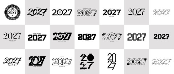 Big Set of 2027 Happy New Year typography design. Collection of modern, geometric, abstract, monogram and creative number lettering styles for branding. Vector  © Creative Lab