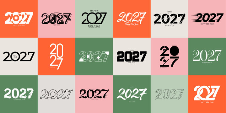 Big Set of 2027 Happy New Year typography design. Collection of modern number logo concepts featuring geometric, minimal, monoline and creative lettering styles. Vector 