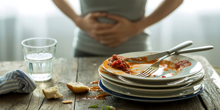 Person holding stomach over messy table after eating with dirty dishes after meal