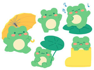 Obraz premium Cute frog characters singing in the rain with umbrellas and playful rainy day poses