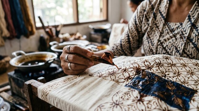 Artisan Crafting Batik Textile in Traditional Workshop.