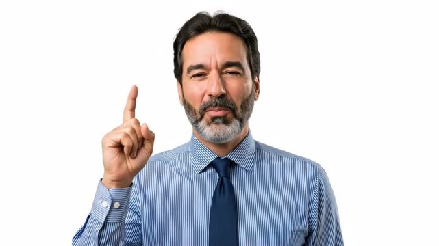 Smiling man pointing upwards with confidence in professional attire