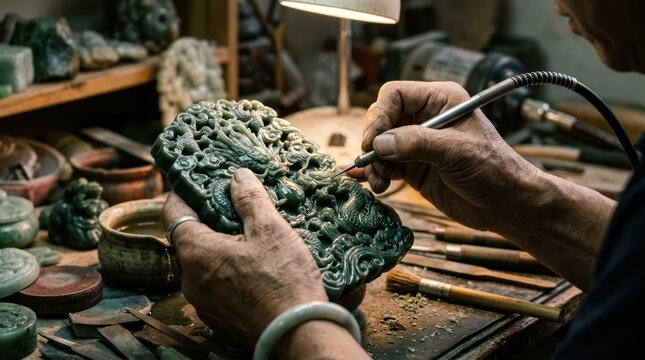 Artisan Crafting Jade Ornament with Precision Tools in Workshop.