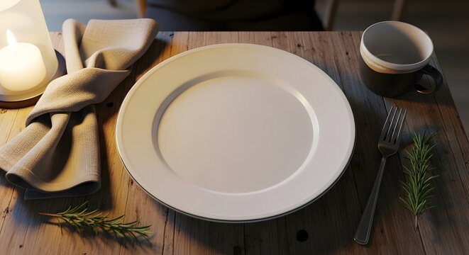Elegant dinner setting with empty plate candlelight and rustic wooden table