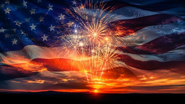 Independence Day (USA) Patriotic independence day celebration with american flag and fireworks at sunset