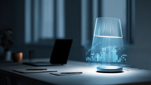 A futuristic desk with a holographic projection emerging from a glass of water. The projection displays a cityscape, suggesting technology and urban planning
