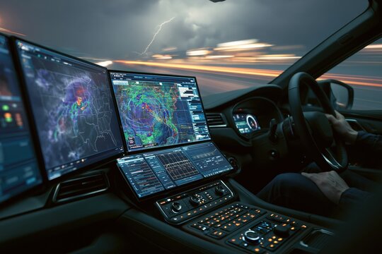 Storm chaser driving futuristic car monitoring weather data