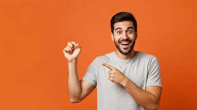 Man excitedly pointing upwards with a surprised expression