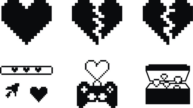 Retro 8 bit pixel art gaming health icon set featuring whole and broken hearts life status bar game controller and treasure chest graphic vector assets