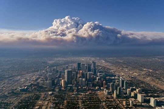 Wildfire smoke cloud rising over Calgary city skyline