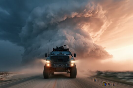 Armored tactical vehicle driving through desert storm clouds