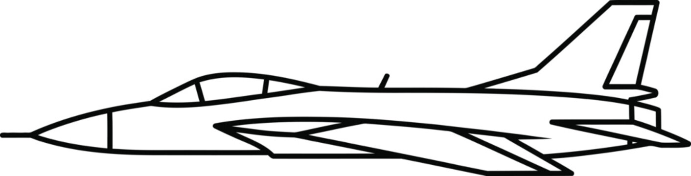 Black line of a fighter jet, side view, airplane aircraft military silhouette line black and white