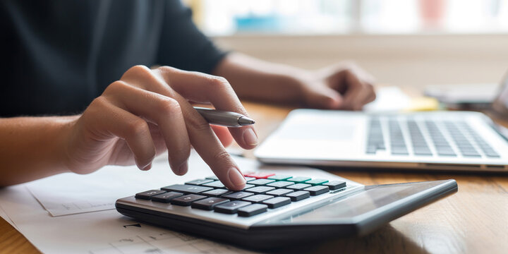 Business finance, calculator, office workspace, financial planning, accounting