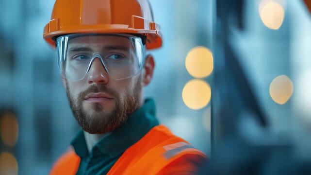 Industrial Visionary: A determined construction worker, clad in an orange hard hat and safety vest, surveys the industrial landscape with a focused gaze.