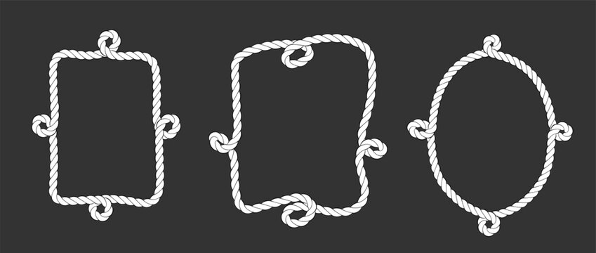 Rope decorative frames with nautical or western cord. Set of Marine cable patterns for sailor design. Braided string with bow details. Vector vintage style rope seamless pattern with nautical cord