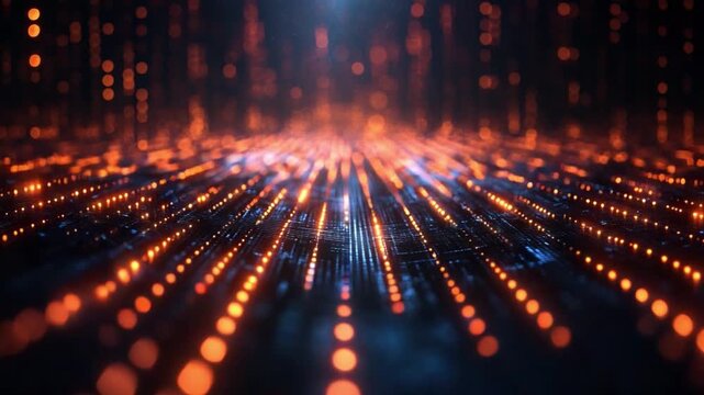 Digital Matrix Flow: An abstract digital visualization depicts an endless stream of glowing orange particles forming parallel lines, suggesting a futuristic network or data flow.