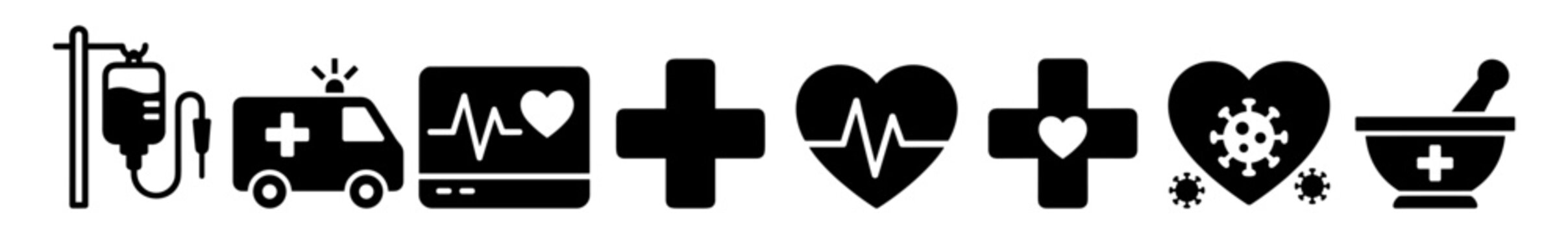 Set of black medical icons including IV drip, ambulance, heart monitor, medical cross, virus heart, and mortar with pestle on transparent background