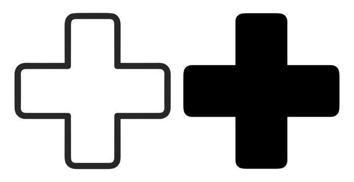 Outlined and solid plus signs in black and white on a transparent background on transparent background