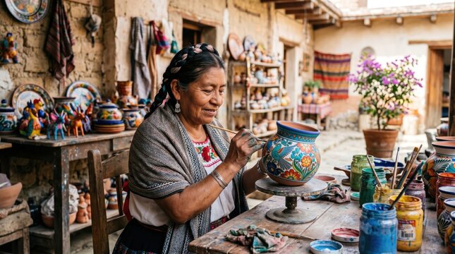 Artisan Woman Painting Pottery in Traditional Mexican Workshop.