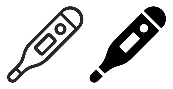 Black and white digital thermometer icons set with display and button on transparent background