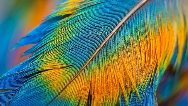 Slow motion pan of parrot feather close up revealing iridescent blue green and orange plumage in studio macro shot