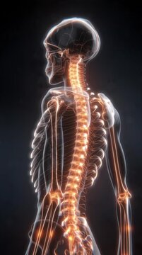 Digital rendering of the human spinal column and glowing nervous system, highlighting intricate anatomy. Ideal for scientific education, medical research, and conceptual health uses