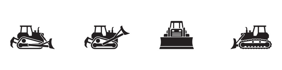 Industrial Construction Machinery Icons. Crawler Bulldozers and Material Loading Vehicles. Vector Illustrations. © Roberto_Caravelli