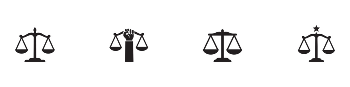Scales of Justice Icon Set. Libra, Judge's Gavel, and Courtroom. Vector Illustration.