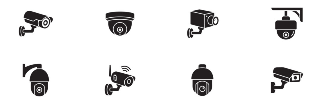 Surveillance Cameras Icon Set. CCTV, Security Camera, Dome Camera, and Video Recorder. Vector Illustration.