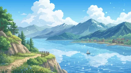 Fototapeten Blau Scenic Lake And Mountain Landscape Digital Illustration Style  © Unknown designer